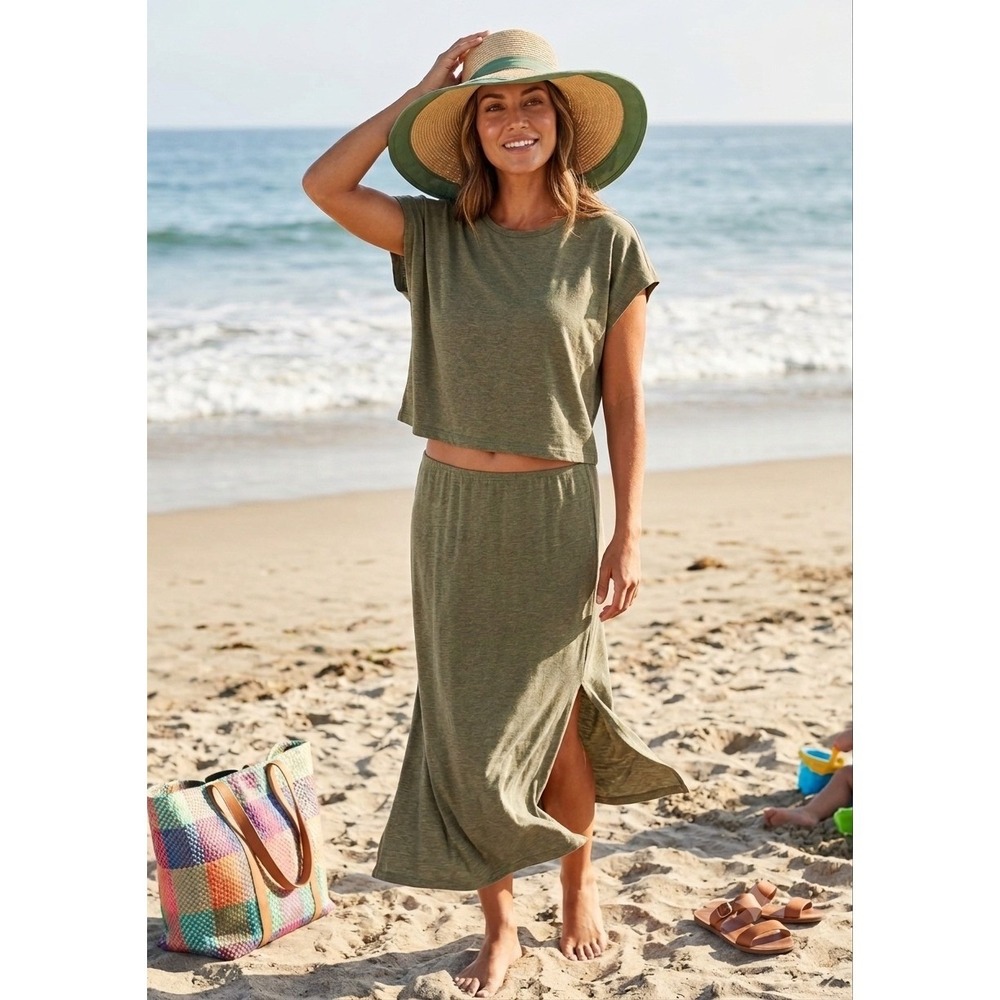 Eileen Fisher Green 2PC Set Small Top/XS Maxi Skirt Beach Quiet Luxury‎ Coastal